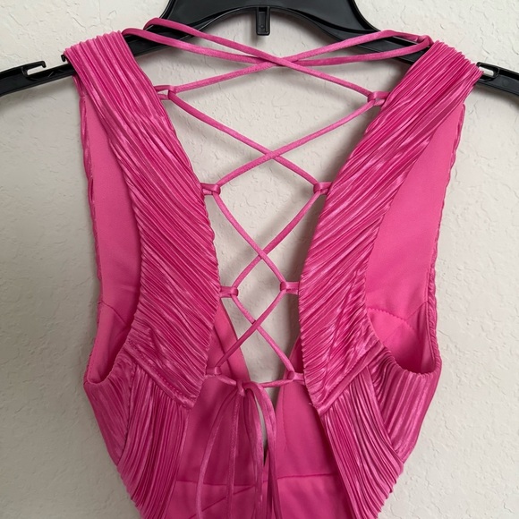 Lulus Pink Satin Pleated Tiered Lace Up Maxi Dress Size XS Formal Glam Prom - Picture 6 of 9
